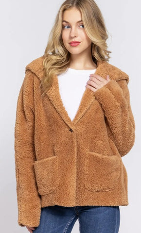 Long Dolman Sleeve Hooded Sherpa Jacket
