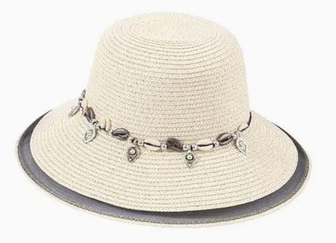 Ladies Shell Shape Metal Belt Decor Straw Summer Sun Hat