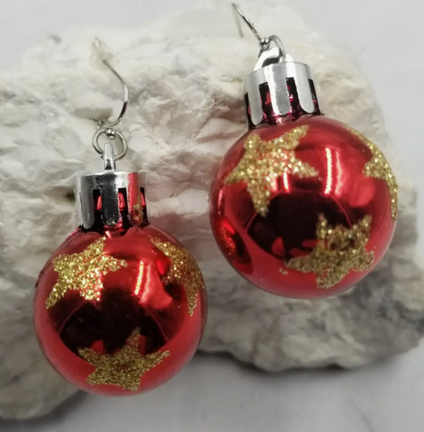 Red Glitter Star Ball Acrylic Christmas Earrings