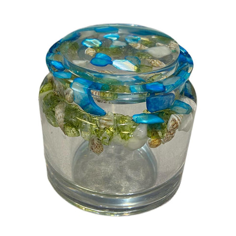 Large Jar Blue and Green sea glass with shells